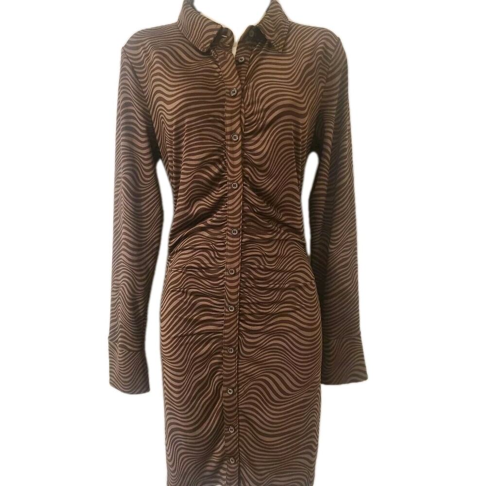 H&M Divided Brown Wavy Swirl Ruched Shirt Dress Size Large Y2K 70s Retro